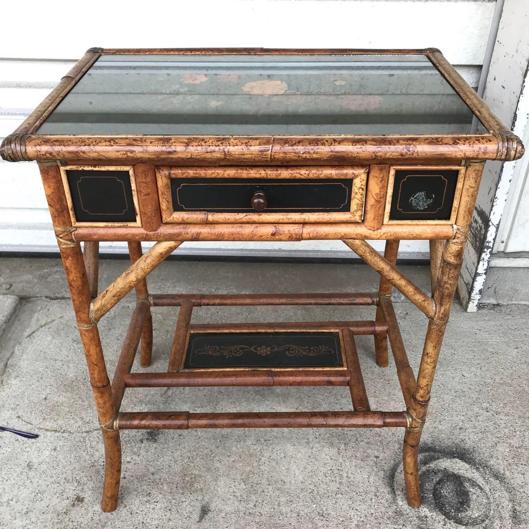 バンブー製？　サイドテーブル 花柄　竹製？ テーブル　収納　アンティーク　レトロ