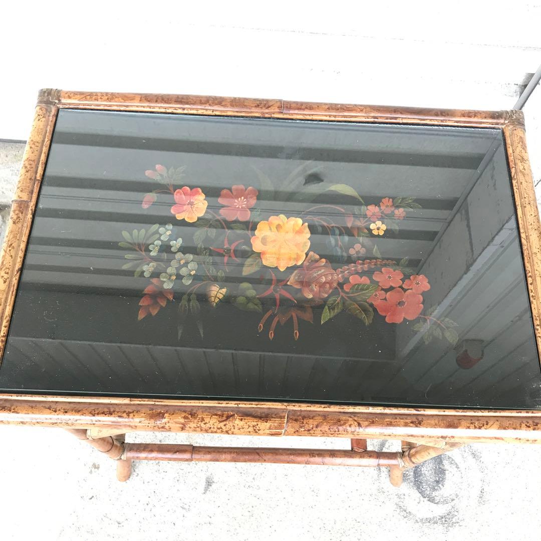 バンブー製？　サイドテーブル 花柄　竹製？ テーブル　収納　アンティーク　レトロ