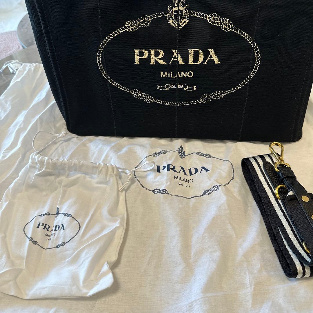 極美品　PRADA カナパ 2way ショルダー付 ストライプブ 黒