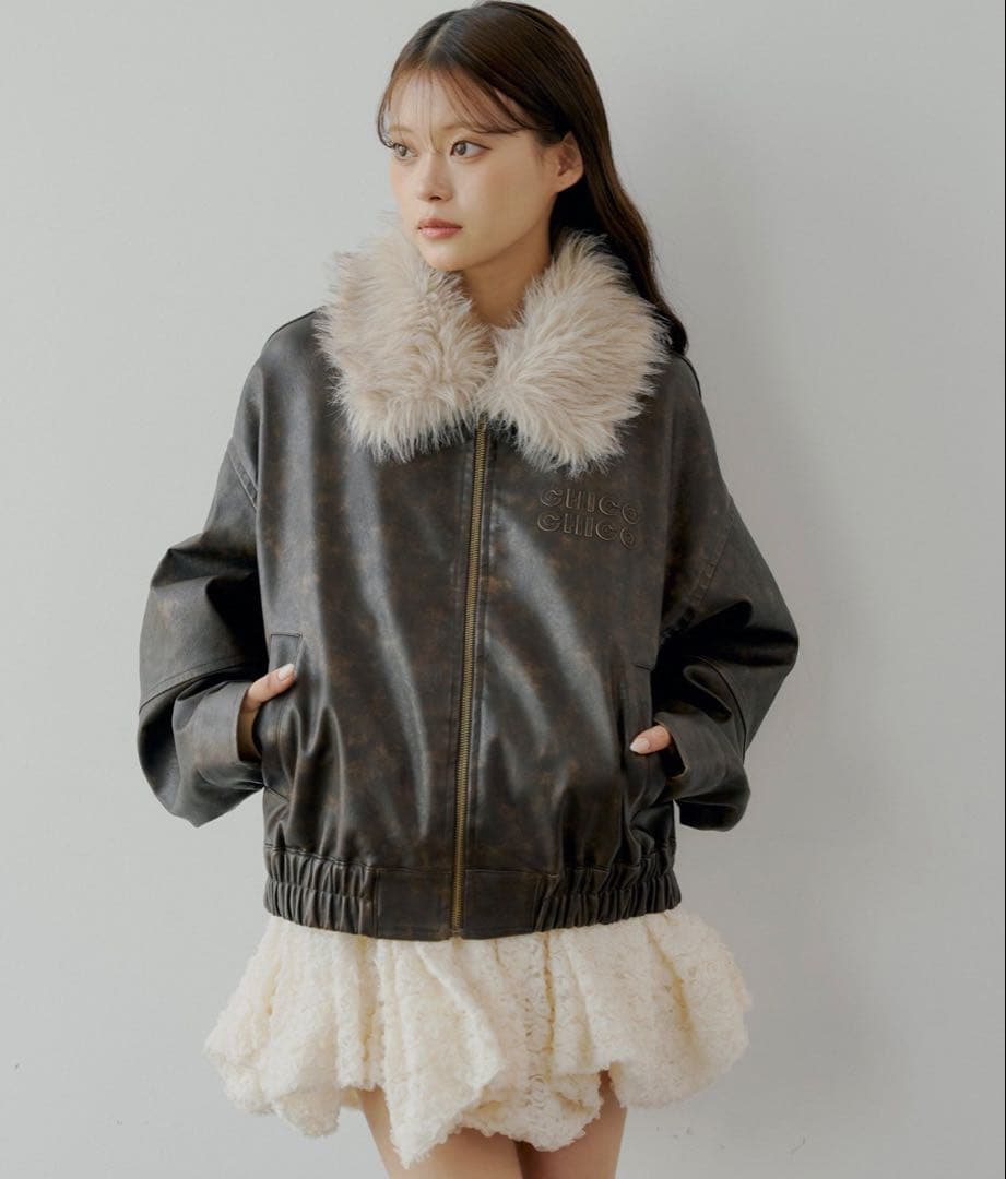 M 新品 Chico ファー取り外し可能 フェイクレザールーズジップブルゾン