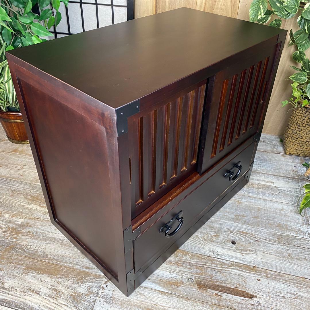 民芸家具木製桐材天然無垢引き戸付きタンスチェスト収納飾り棚箪笥和室インテリア