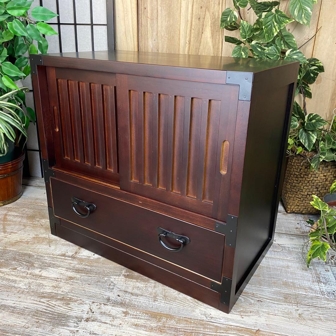 民芸家具木製桐材天然無垢引き戸付きタンスチェスト収納飾り棚箪笥和室インテリア