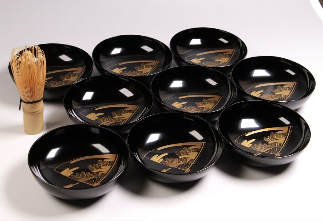 CG54 輪島塗 木製漆器 扇面金蒔絵 黒塗銘々木皿 九客 / 松取皿茶懐石道具