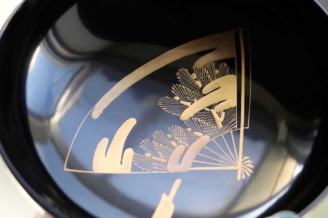 CG54 輪島塗 木製漆器 扇面金蒔絵 黒塗銘々木皿 九客 / 松取皿茶懐石道具