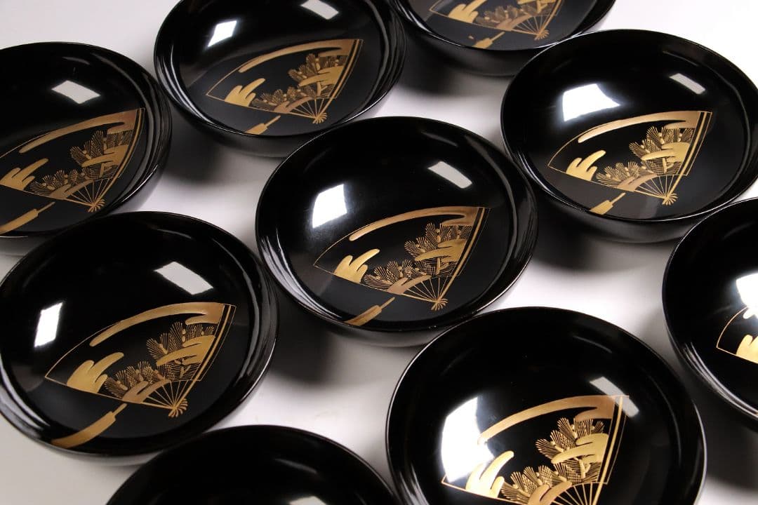 CG54 輪島塗 木製漆器 扇面金蒔絵 黒塗銘々木皿 九客 / 松取皿茶懐石道具