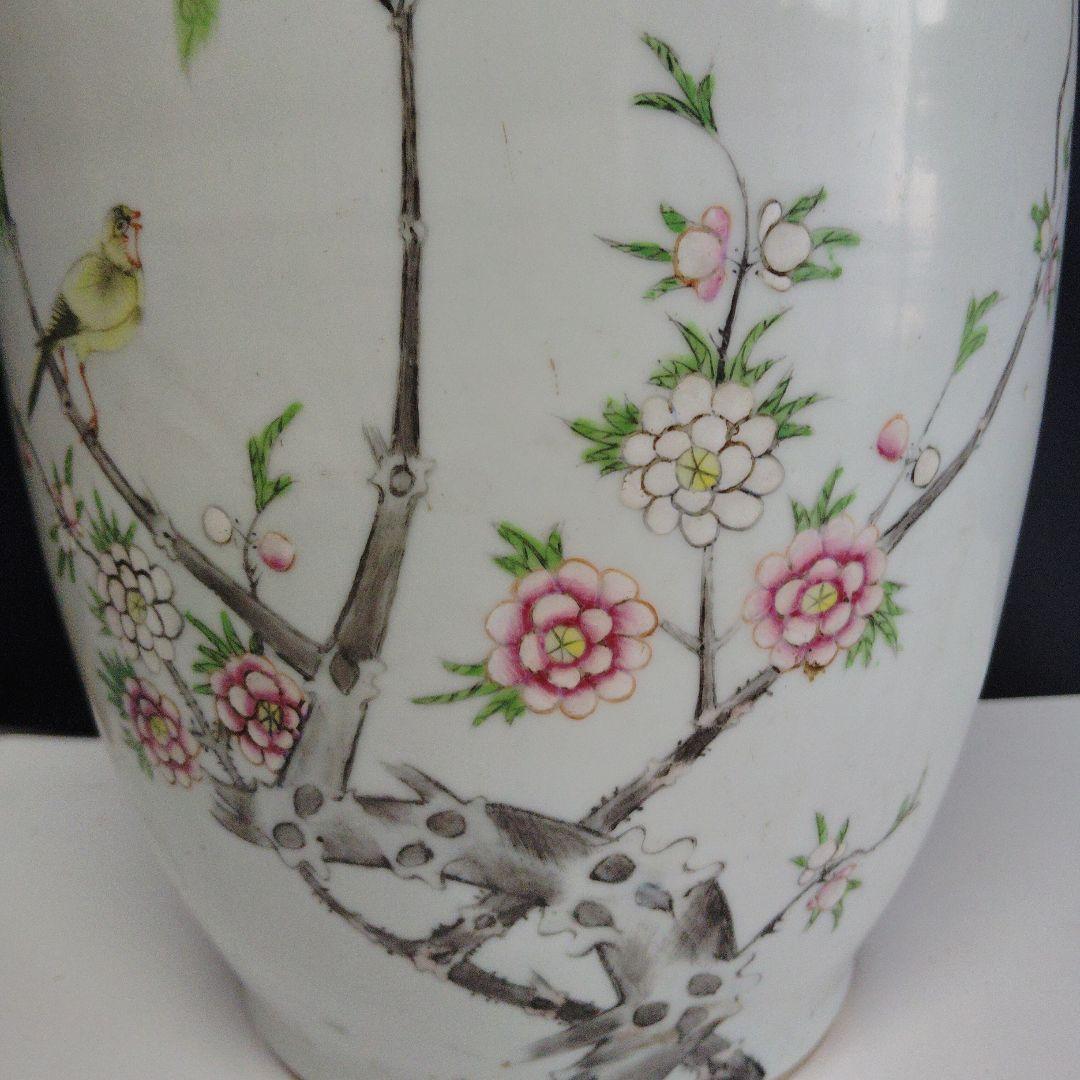 中国民国時期　粉彩 花鳥図 大瓶　高さ43cm　 ※耳の一つに欠損あり