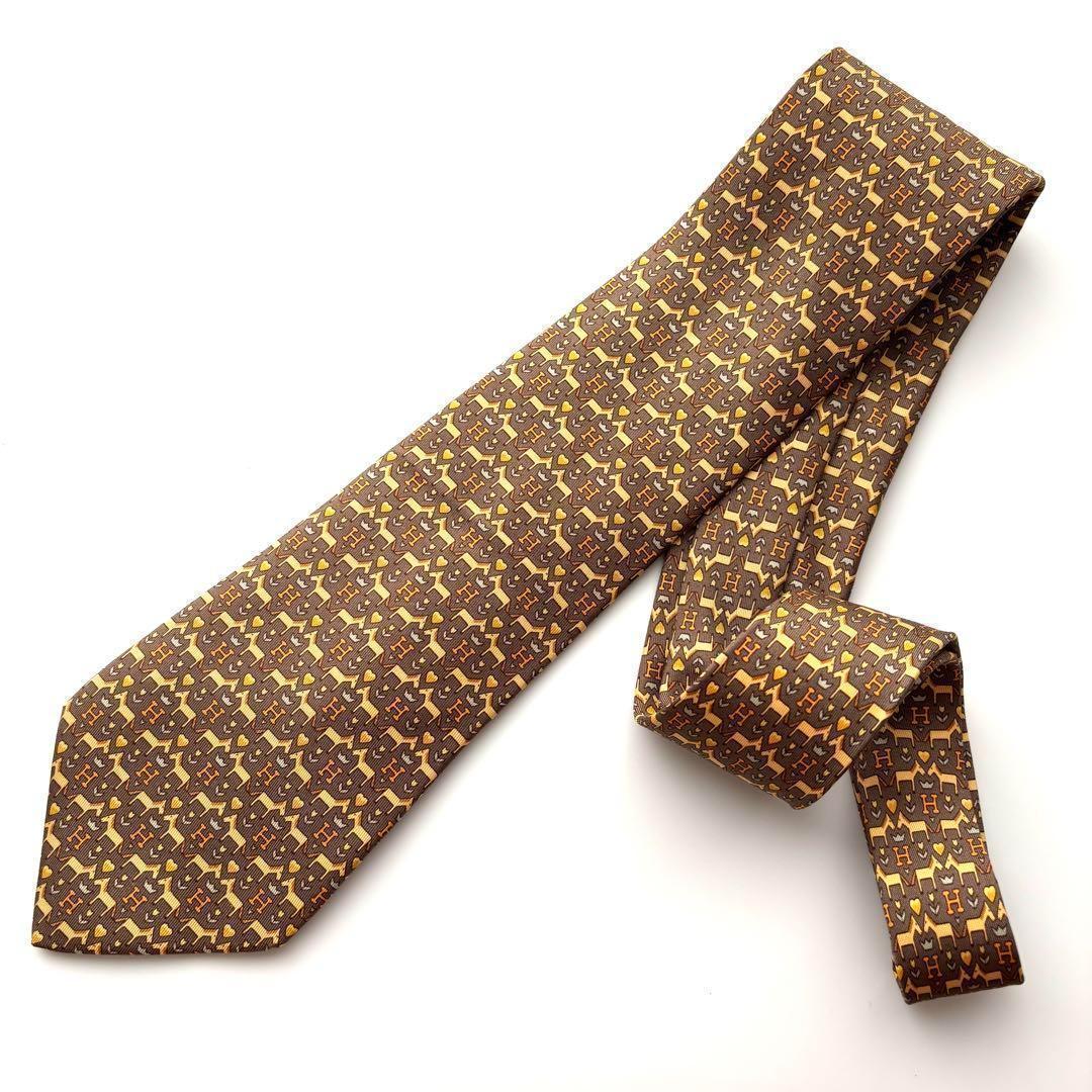 ꧁極美品꧂ エルメス ネクタイ H織りタイ ファソネ H柄 馬 ハート ブラウン
