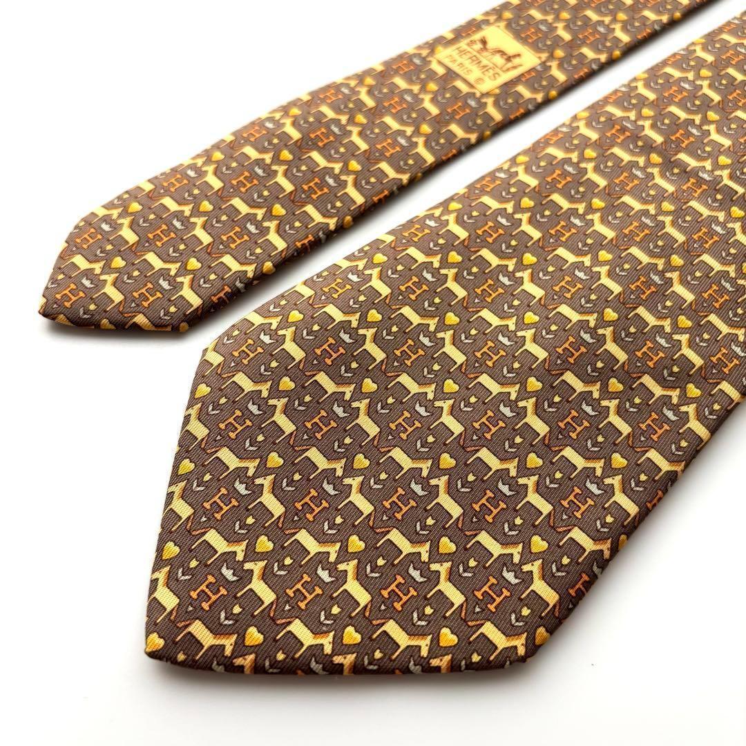 ꧁極美品꧂ エルメス ネクタイ H織りタイ ファソネ H柄 馬 ハート ブラウン