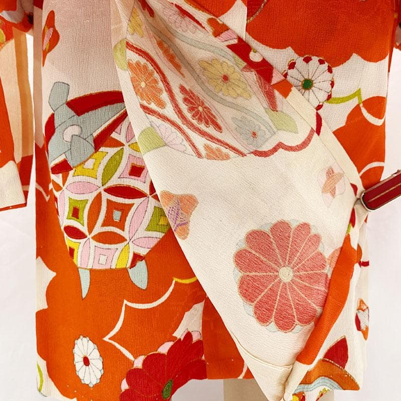 ◎509ag7◎七五三 三歳 女の子 アンティーク着物&被布 レトロ 濃朱色◎