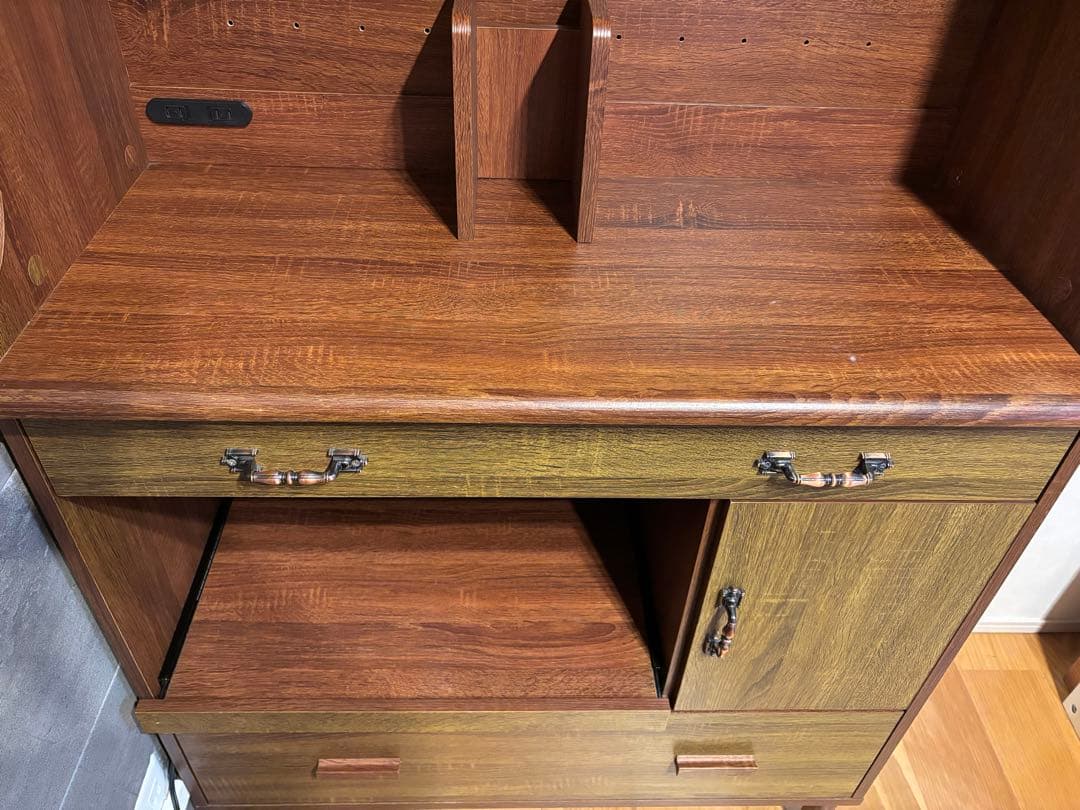 木製食器棚 ブラウン 3段棚付き