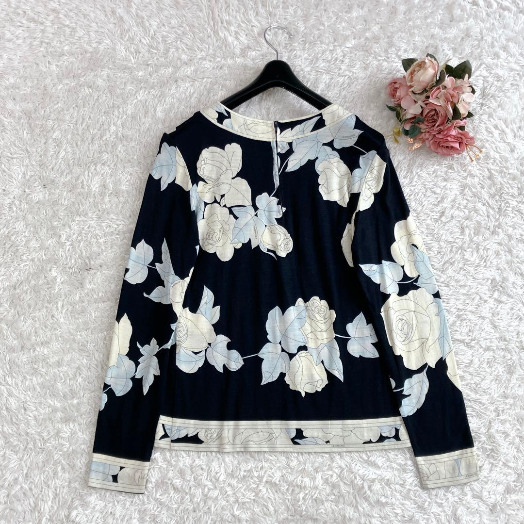 シルク混✨レオナール カットソー トップス トリム 花 伸縮性 ブラック 38