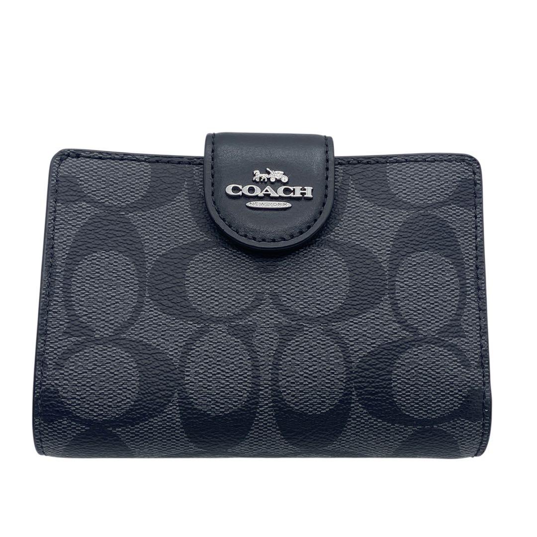 【未使用級】 COACH コーチ 二つ折り 財布 シグネチャー ブラック