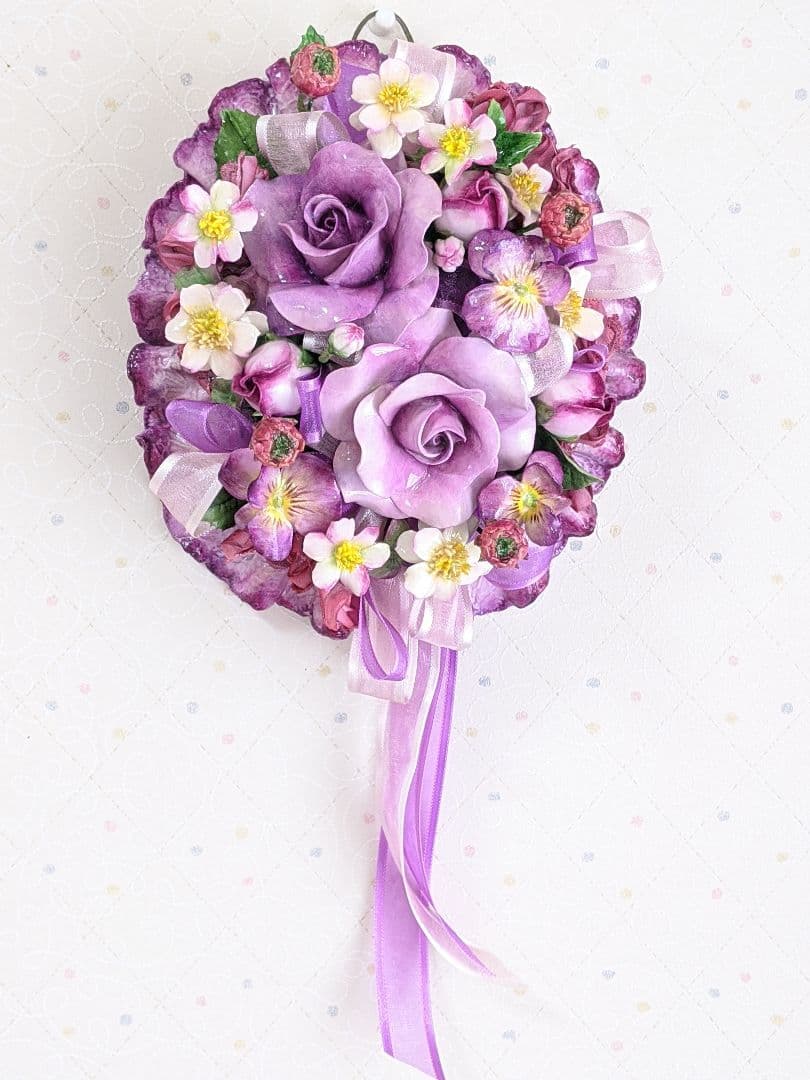 【専用です】紫系薔薇のフリル壁掛け兼置き型クレイフラワーアレンジ✨ハンドメイド