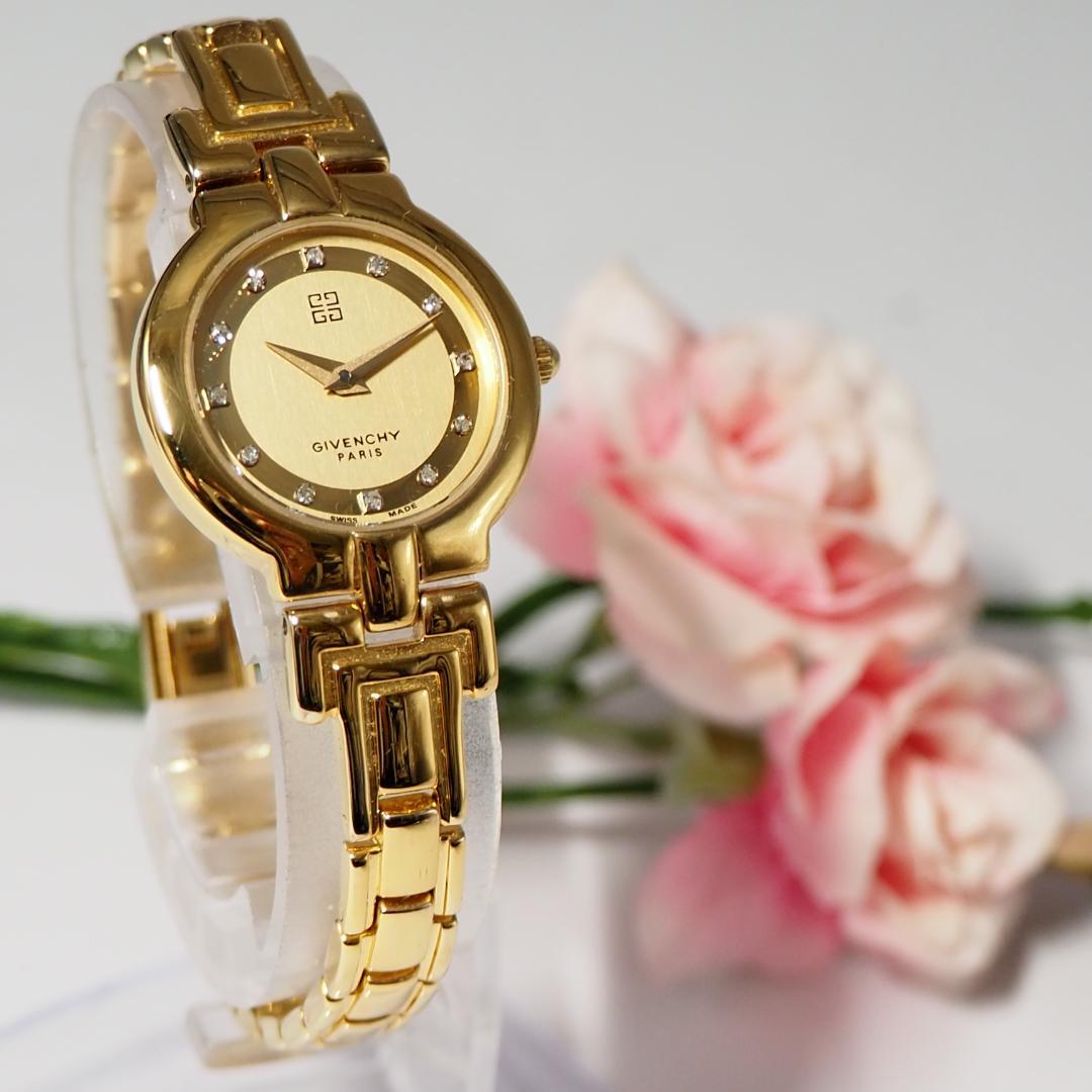 美品 ジバンシイ GIVENCHY ゴールド 12Pダイヤ 腕時計 箱 H212