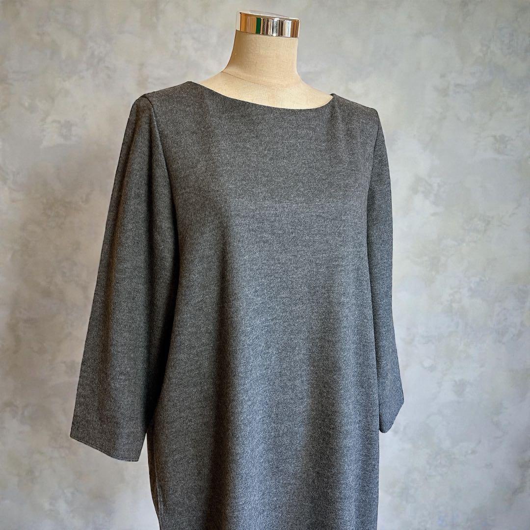 美品 23区 大きいサイズ ウール圧縮スムース サック ワンピース グレー 48