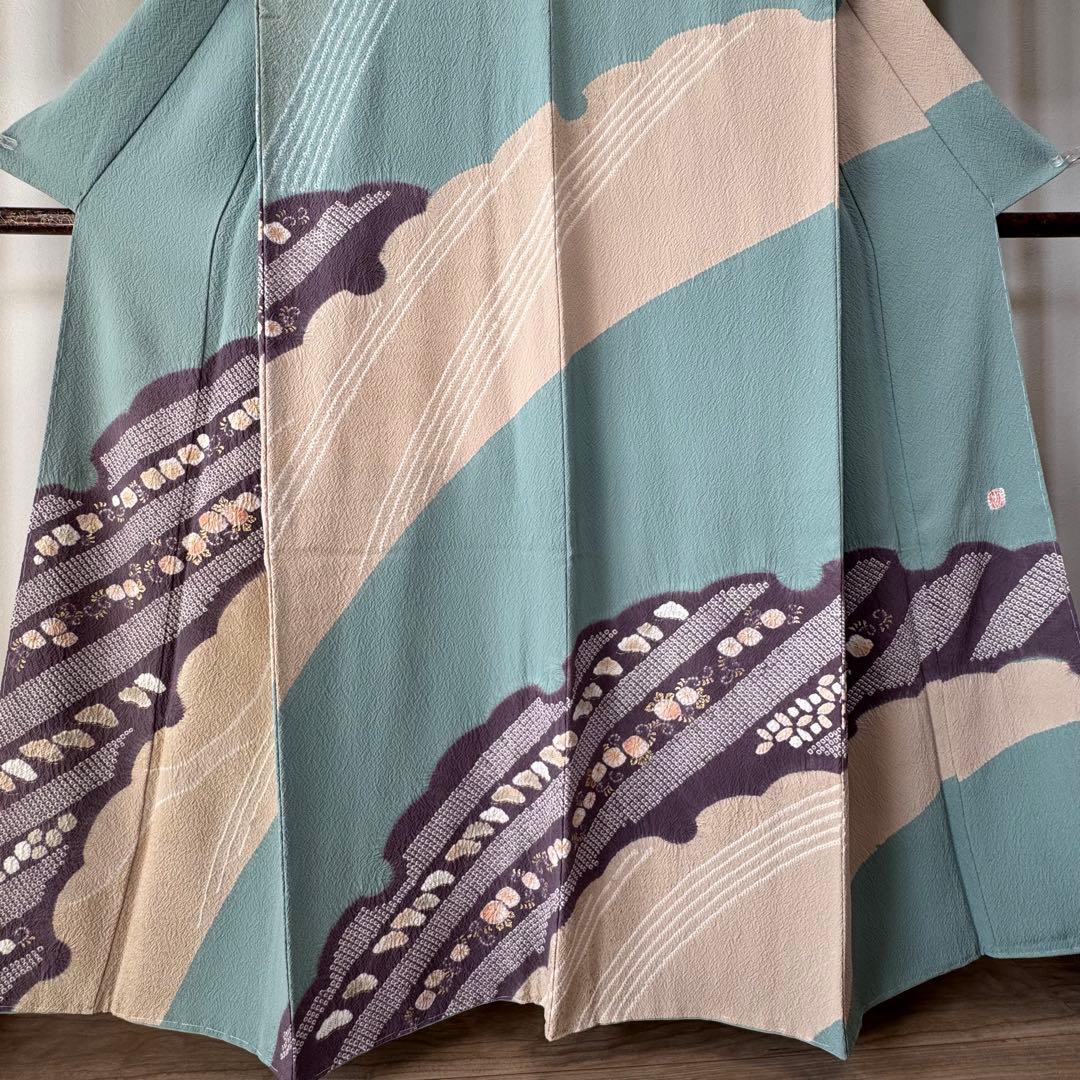 しつけ付き　正絹　袷　広襟　訪問着　付け下げ　着物　163 青緑　紫　金　滝泰