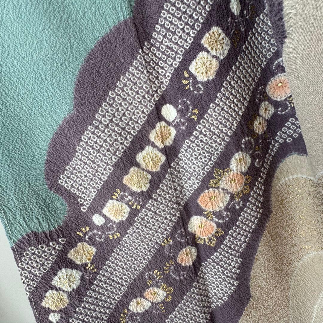 しつけ付き　正絹　袷　広襟　訪問着　付け下げ　着物　163 青緑　紫　金　滝泰