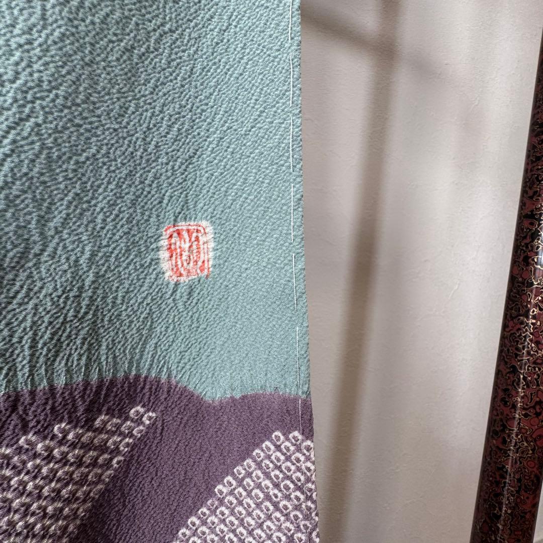 しつけ付き　正絹　袷　広襟　訪問着　付け下げ　着物　163 青緑　紫　金　滝泰