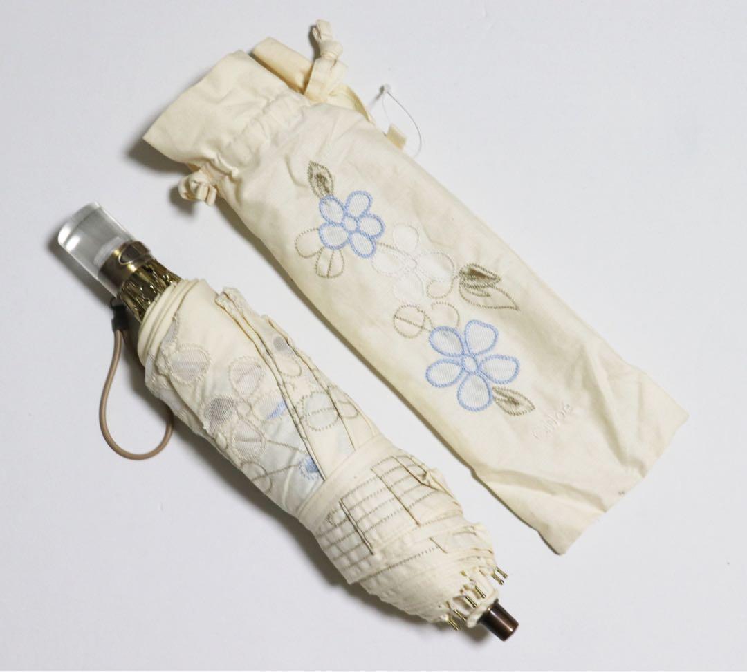 《クロエ》メッシュ 花柄刺繍 折りたたみ傘 日傘 8本骨 クリアーハンドル