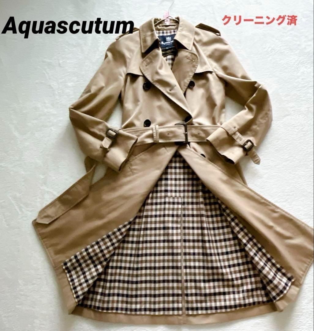 クリーニング済☆ Aquascutum ベルト付きトレンチコート　チェック柄