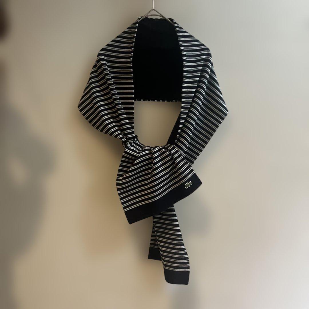 新品タグ付！LACOSTE ボーダーマフラー ウール100% ネイビー