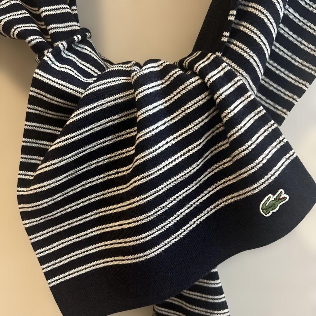 新品タグ付！LACOSTE ボーダーマフラー ウール100% ネイビー