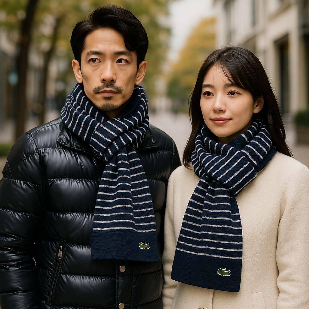 新品タグ付！LACOSTE ボーダーマフラー ウール100% ネイビー