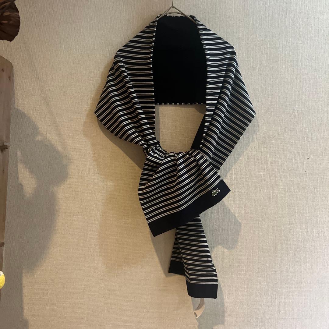 新品タグ付！LACOSTE ボーダーマフラー ウール100% ネイビー