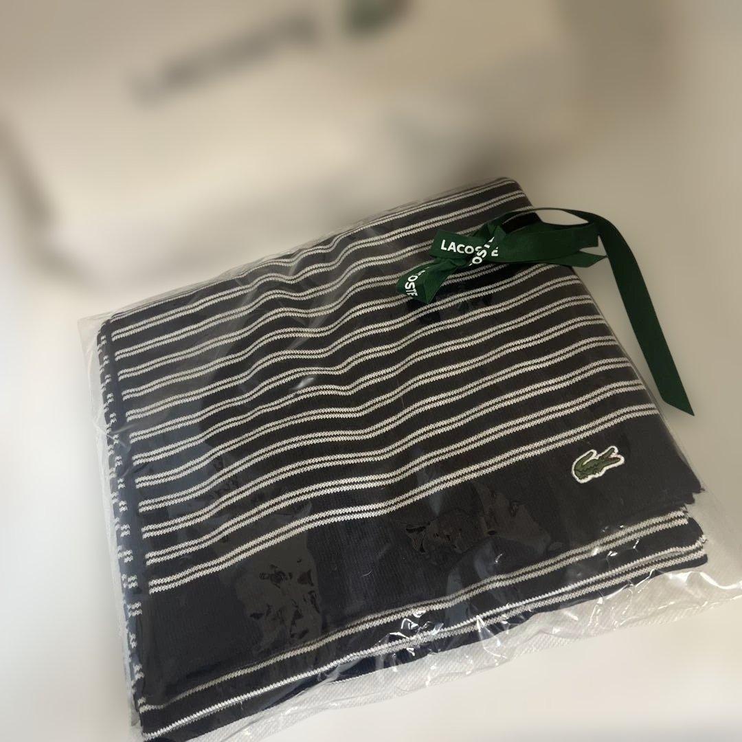 新品タグ付！LACOSTE ボーダーマフラー ウール100% ネイビー
