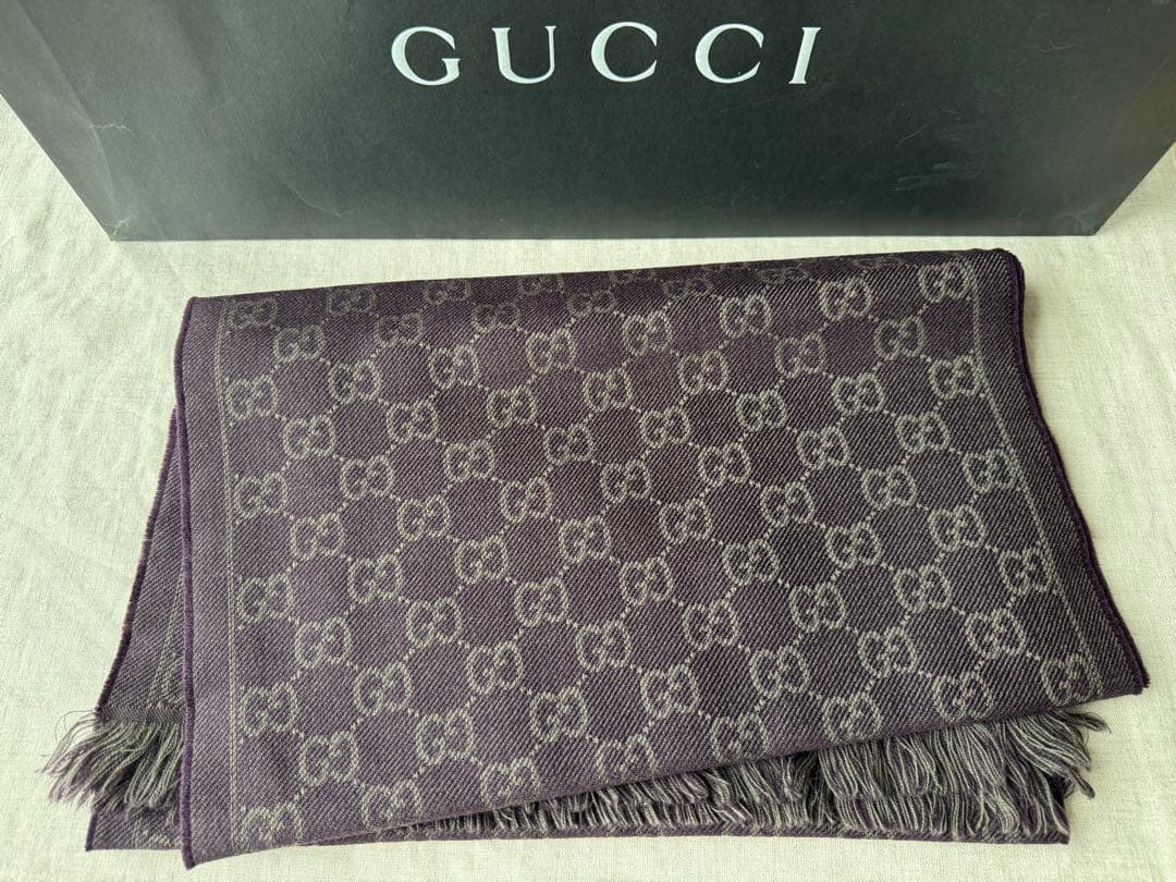 GUCCI グッチ ダークパープル ウール ストール GGパターン マフラー