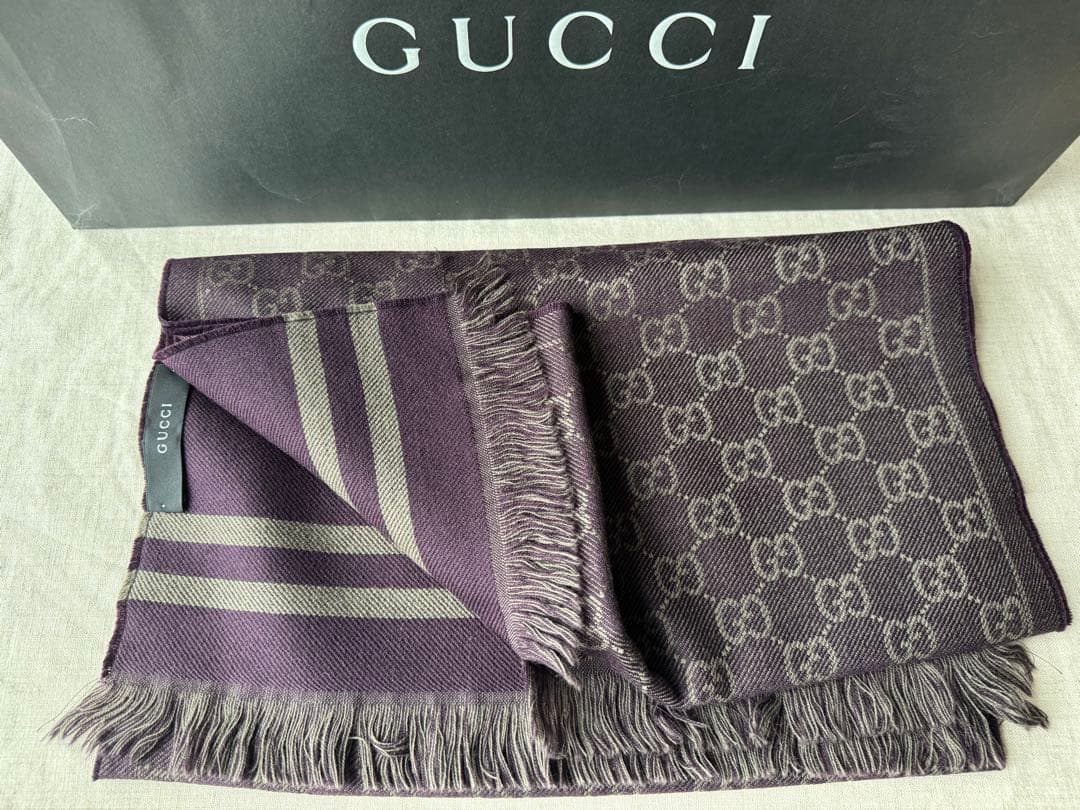 GUCCI グッチ ダークパープル ウール ストール GGパターン マフラー