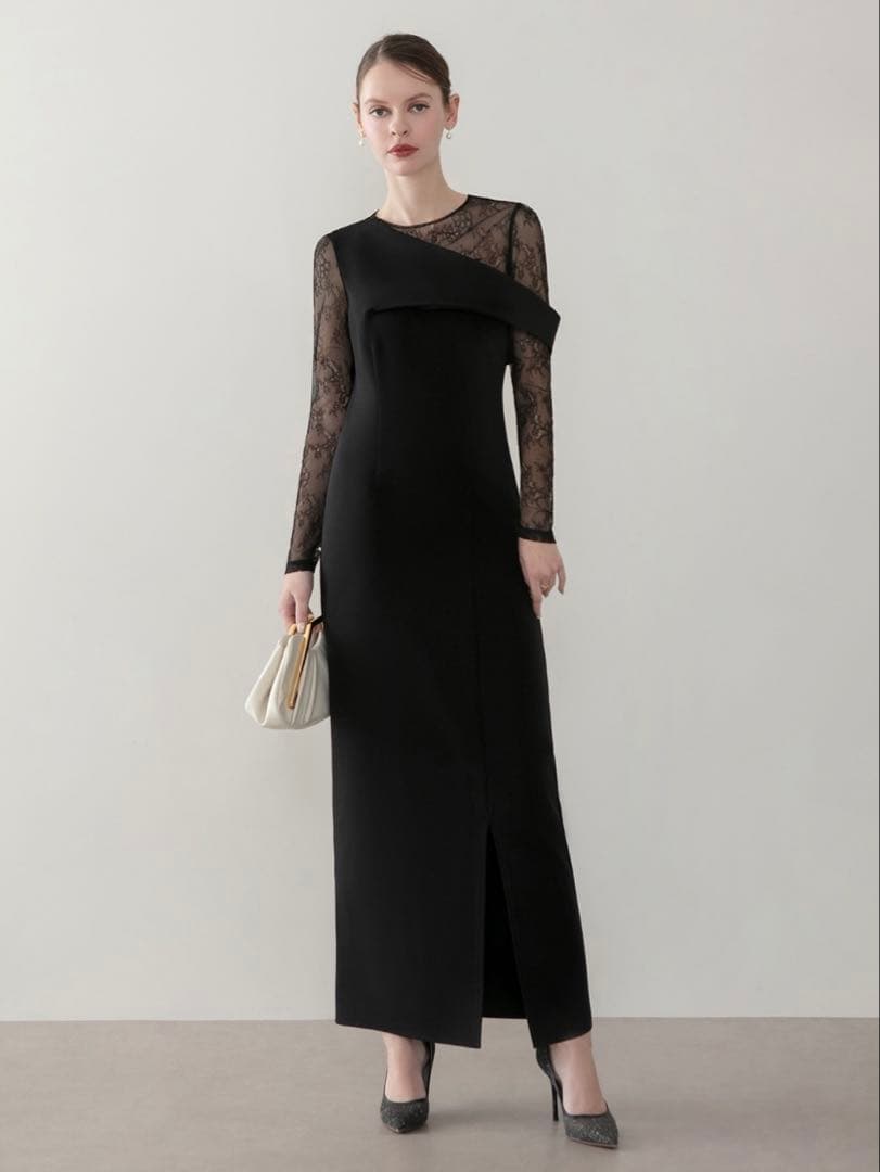 アシンメトリーレースレイヤードフロントスリットセットアップドレス結婚式二次会