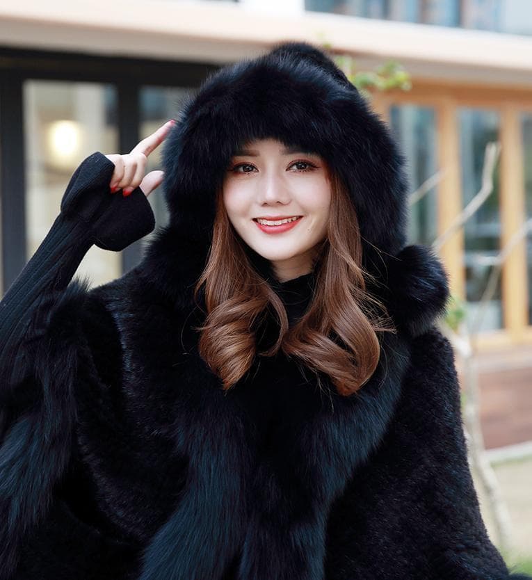 新品限定◆フォックスとミンク編みこみ帽子 ◆ポンポン付き/黒◆毛皮ファー