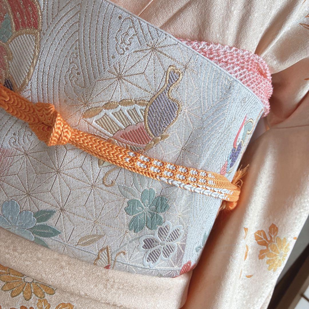 〈長襦袢半衿➕〉付け下げ　フルセット　着物　正絹　ロング丈　杏色　おしどりJ9