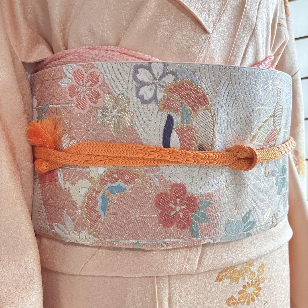 〈長襦袢半衿➕〉付け下げ　フルセット　着物　正絹　ロング丈　杏色　おしどりJ9