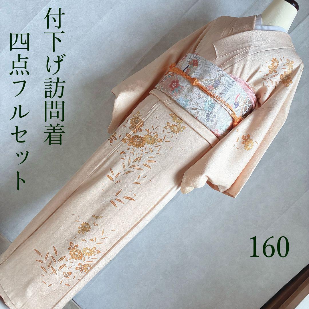 〈長襦袢半衿➕〉付け下げ　フルセット　着物　正絹　ロング丈　杏色　おしどりJ9