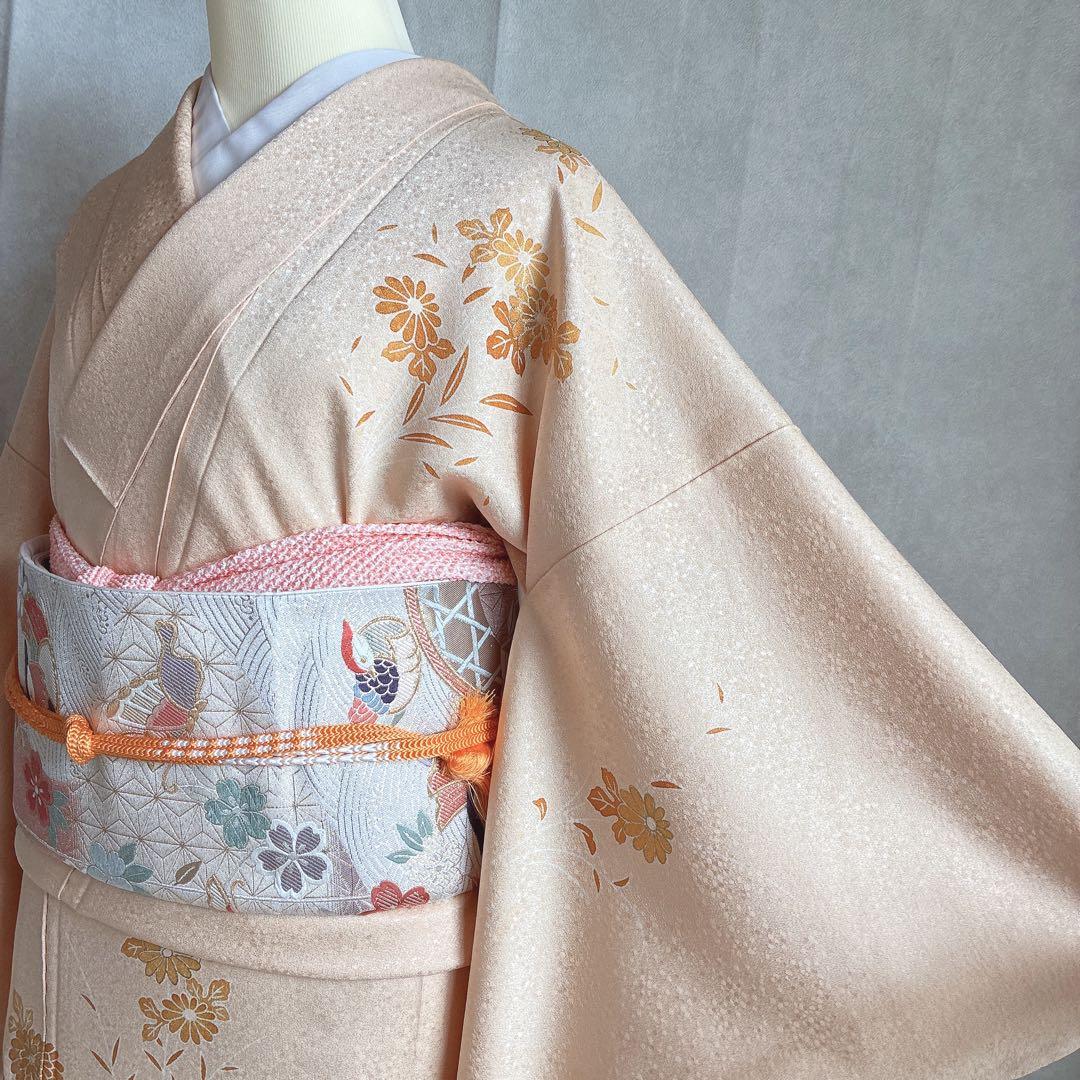 〈長襦袢半衿➕〉付け下げ　フルセット　着物　正絹　ロング丈　杏色　おしどりJ9