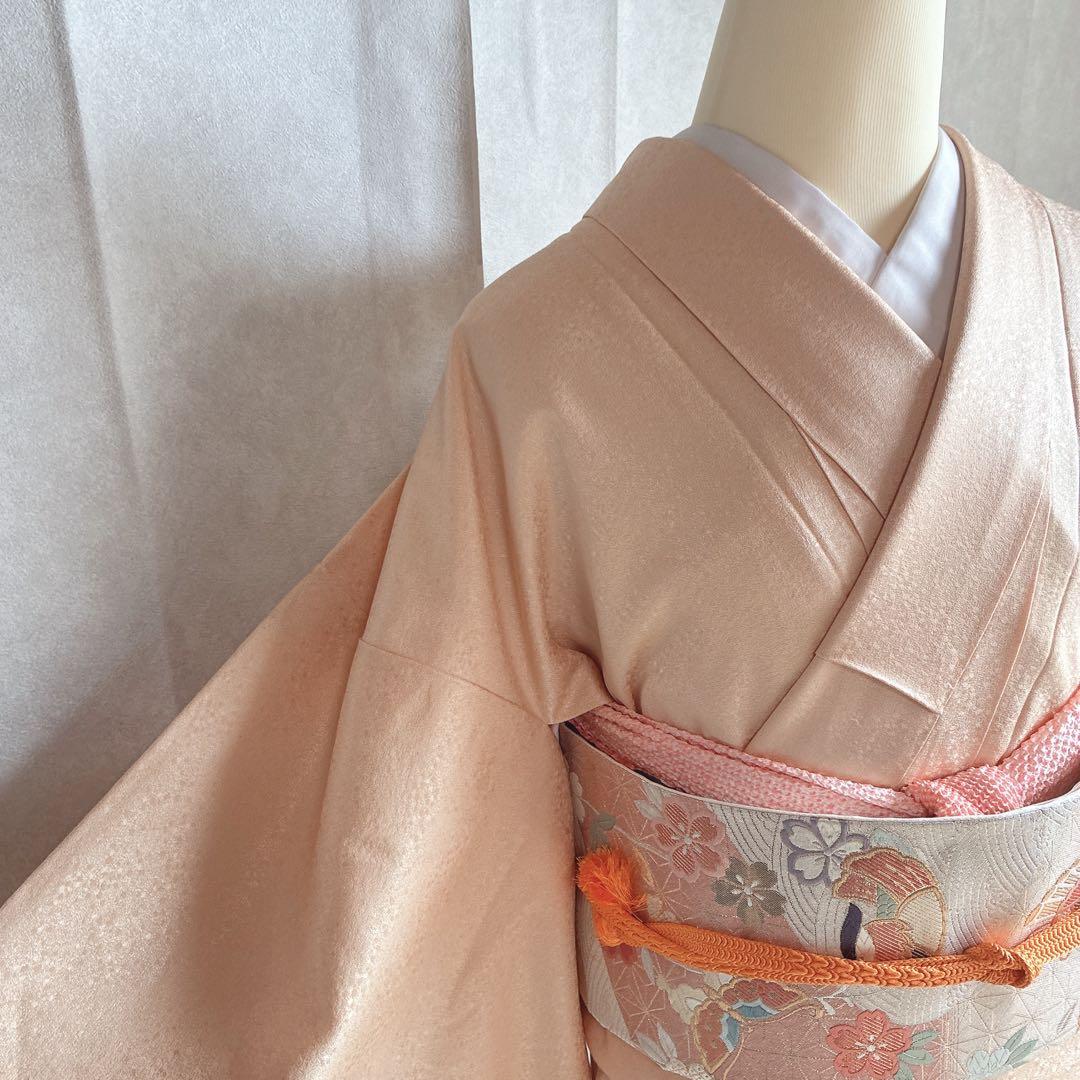 〈長襦袢半衿➕〉付け下げ　フルセット　着物　正絹　ロング丈　杏色　おしどりJ9