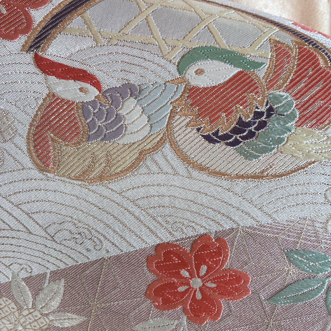 〈長襦袢半衿➕〉付け下げ　フルセット　着物　正絹　ロング丈　杏色　おしどりJ9