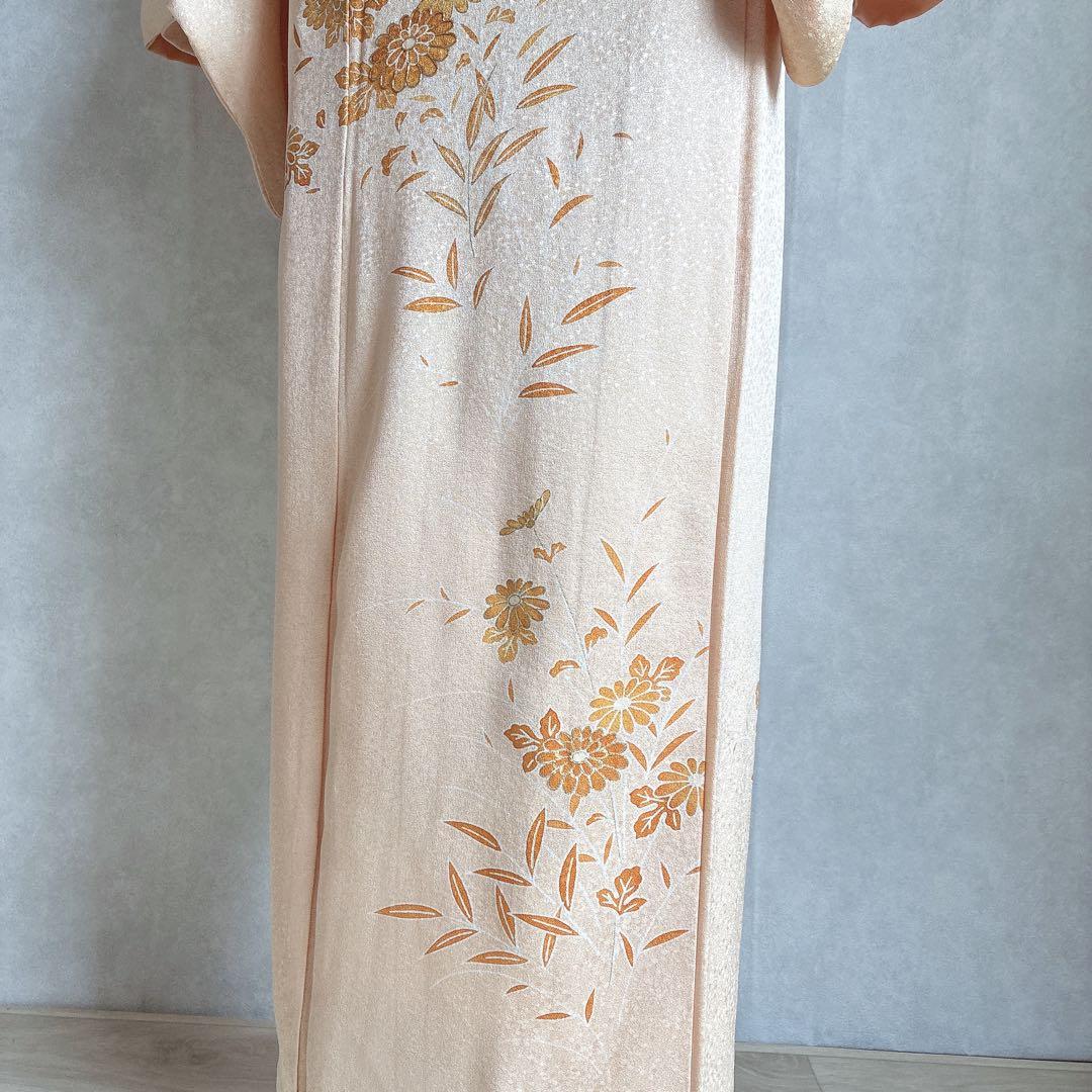 〈長襦袢半衿➕〉付け下げ　フルセット　着物　正絹　ロング丈　杏色　おしどりJ9