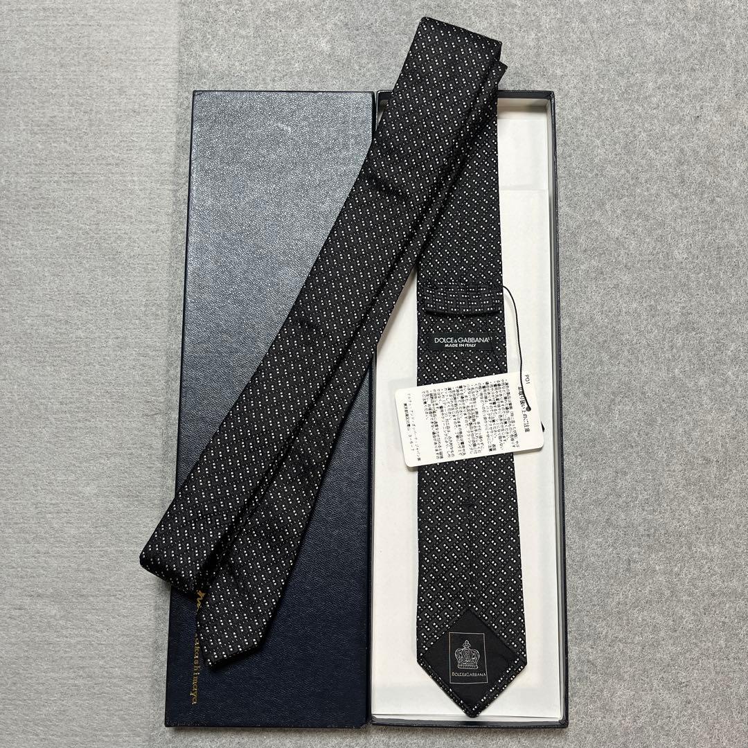未使用タグ付　ドルチェアンドガッパーナ　ネクタイ　黒　ドット　シルクジャガード