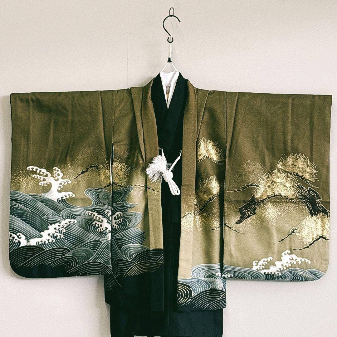 美品フルセット　七五三　５歳男の子　豪華金鷹羽織　袴　長着　長襦袢　小物5055