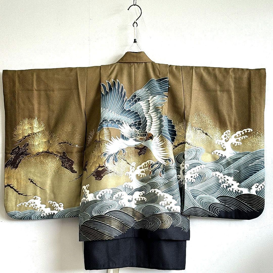 美品フルセット　七五三　５歳男の子　豪華金鷹羽織　袴　長着　長襦袢　小物5055