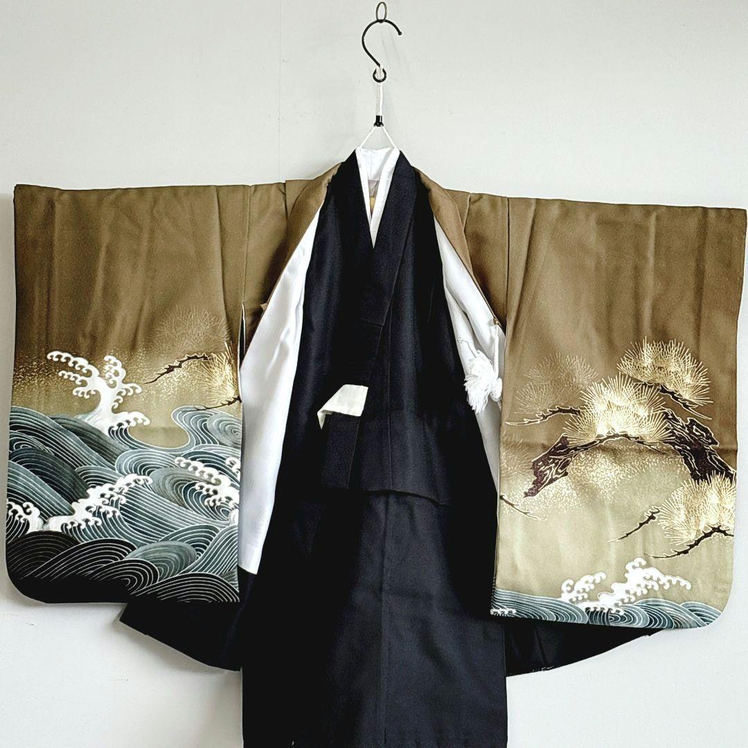 美品フルセット　七五三　５歳男の子　豪華金鷹羽織　袴　長着　長襦袢　小物5055