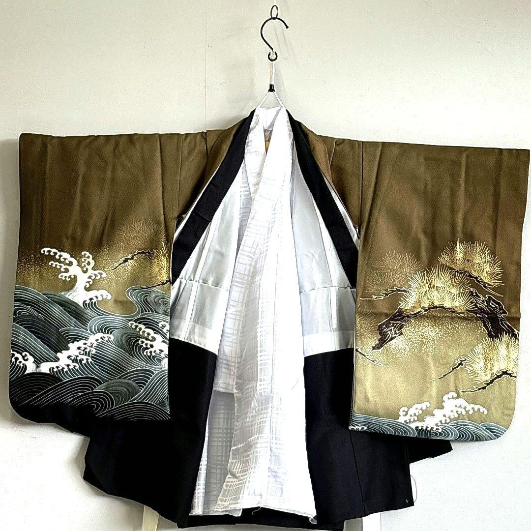 美品フルセット　七五三　５歳男の子　豪華金鷹羽織　袴　長着　長襦袢　小物5055