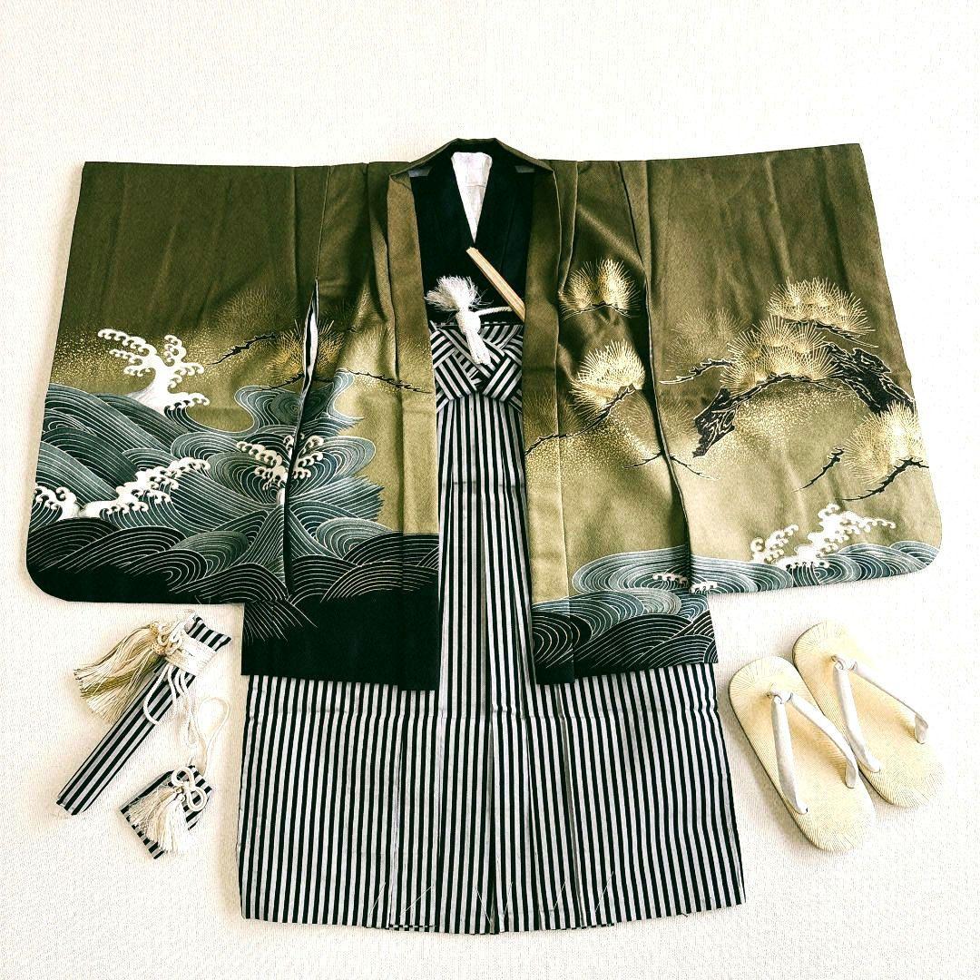 美品フルセット　七五三　５歳男の子　豪華金鷹羽織　袴　長着　長襦袢　小物5055