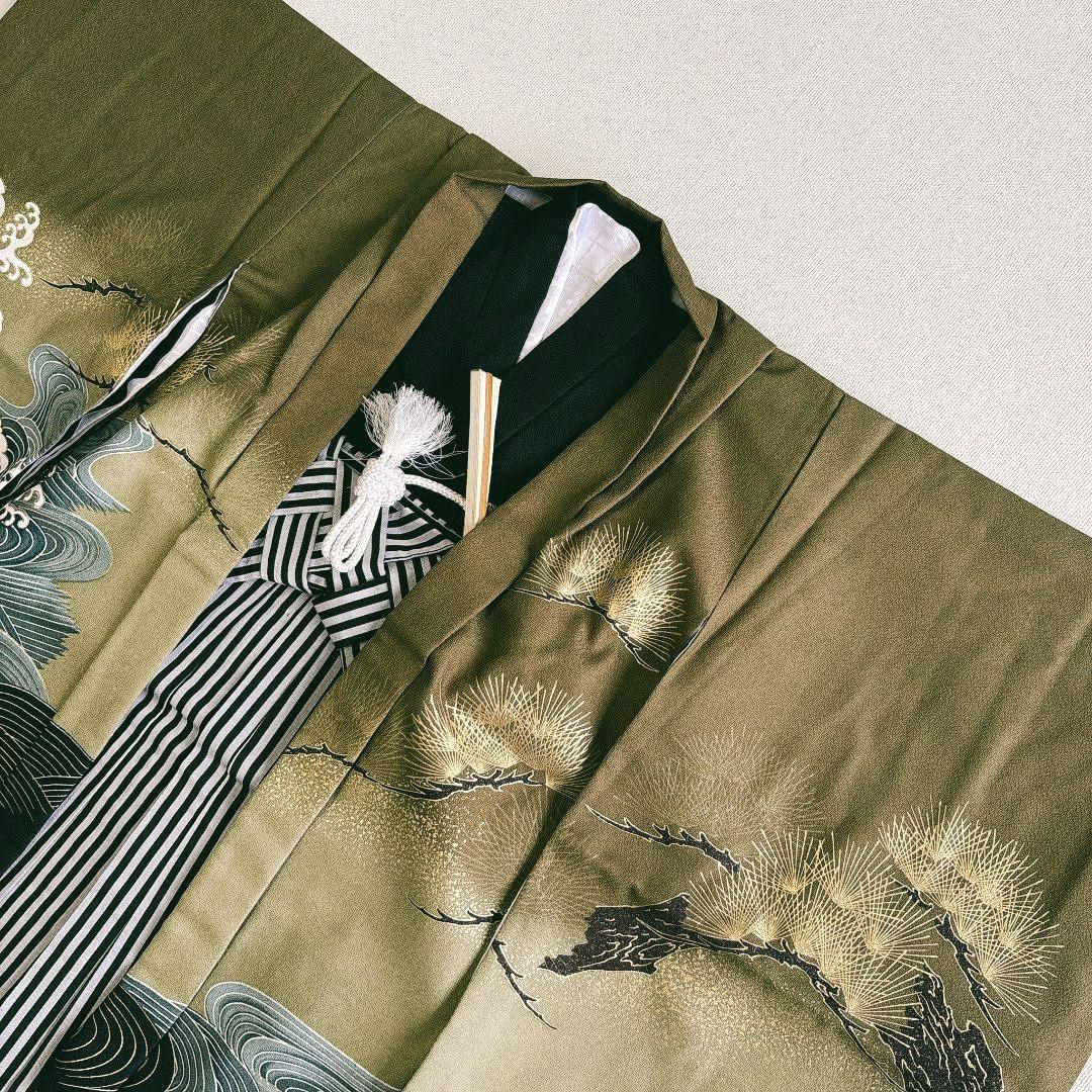 美品フルセット　七五三　５歳男の子　豪華金鷹羽織　袴　長着　長襦袢　小物5055