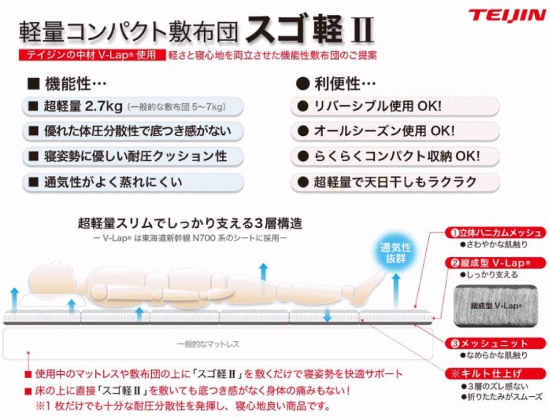 敷き布団 シングル テイジン スゴ軽2 軽量 敷布団 日本製