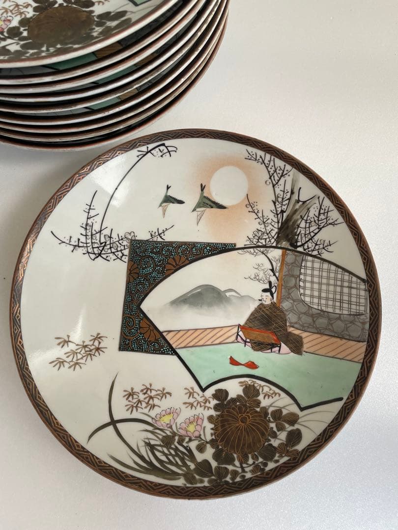 ②明治時代 九谷焼 人物図八寸皿 十客　お皿/大皿/中皿/アンティーク皿