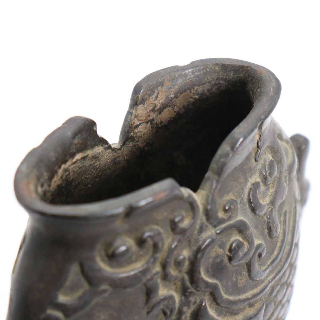 中国 古銅製 双魚花入 花器 花生 魚文 銅器　N64